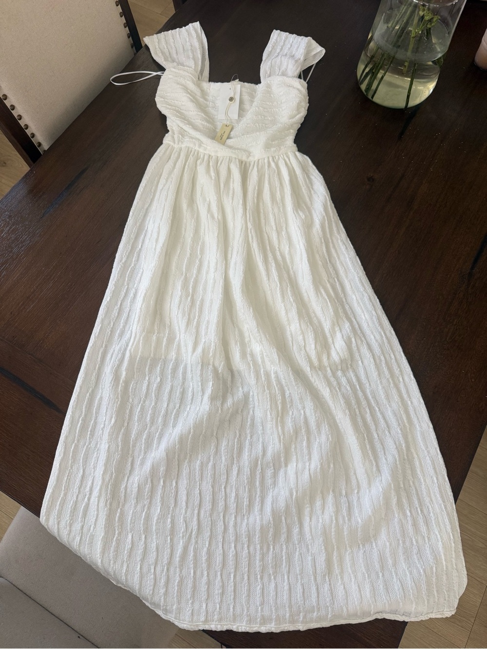 Max Studio White Textured Midi Dress with Ruffled Straps